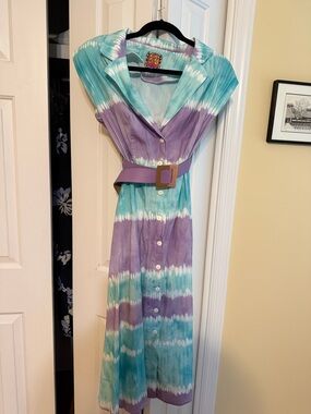 Tie-Dye Purple and Teal Button-Front Maxi Dress with Waist Belt